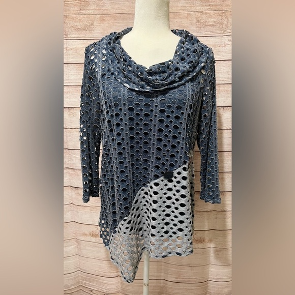 Ali Miles Tops - Open Weave Cowl Neck 3/4 Sleeve Asymmetrical Hem Tunic small